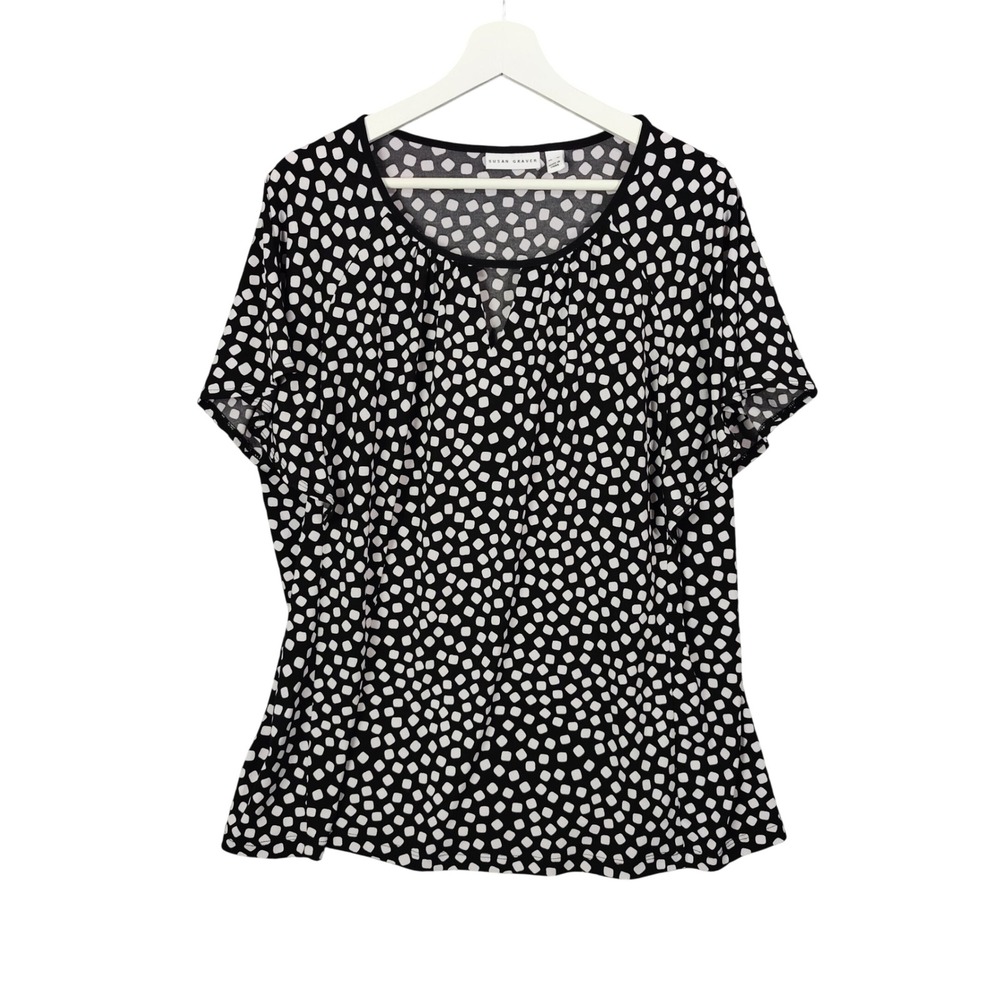 Susan Graver Women XL Black White Dot Flutter Sleeve VNeck Blouse Top Retro Twee